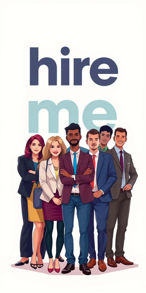 Create an illustration featuring a diverse group of professionals standing together with the text "hire me" prominently displayed behind them, using a wide-angle lens, f/8 aperture, ISO 200, shot from eye-level to capture details, in a digital art style with vibrant colors and sharp contrast.