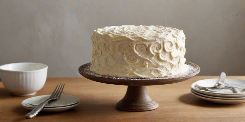 Create a three-layer cake with a light, fluffy texture. The cake should be covered in smooth white frosting, decorated with elegant swirls on top. Use a simple, rustic cake stand to display the cake, and incorporate a soft, neutral background with subtle textures. Add a sprinkle of powdered sugar around the base for a touch of elegance.