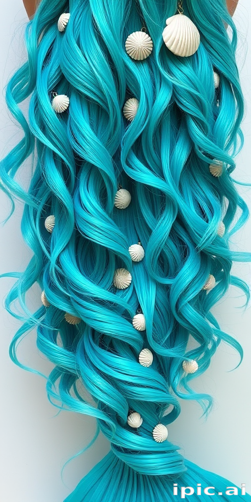 Vibrant teal mermaid waves cascade down to the waist, shimmering with iridescent highlights and adorned with delicate seashell accessories, creating an enchanting oceanic allure named Aquamarine Siren