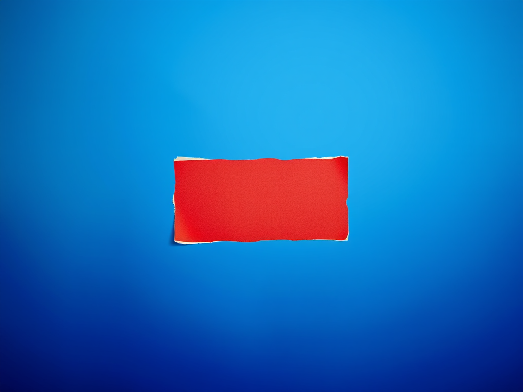 Create a vibrant red rectangular sticker with a slightly peeling edge on a smooth gradient blue background, captured with a DSLR camera at f/2.8, ISO 100, and a 50mm lens, ensuring sharp focus on the sticker and soft bokeh effect in the background.