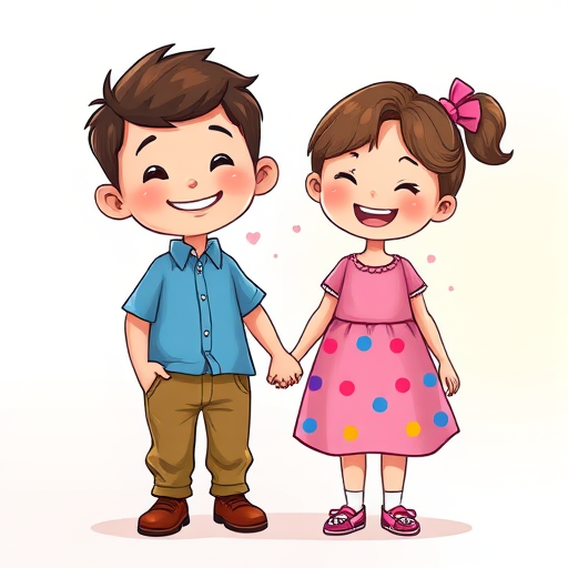 Create a vibrant cartoon-style illustration of a smiling boy in a blue shirt and brown pants holding hands with a girl in a pink dress with colorful dots, using a high-resolution digital camera, with a 50mm lens, f/2.8 aperture, ISO 100, natural lighting, and a soft-focus background.