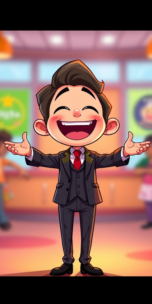 Create a vibrant, cartoonish illustration of a character in a suit, standing with arms outstretched and mouth open in a joyful expression, captured with a DSLR camera at f/2.8 aperture, 50mm lens, ISO 100, soft focus background, and bright lighting to enhance colors and details.
