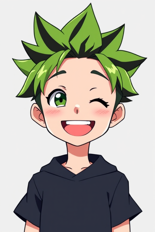 Generate a high-quality digital illustration of a cheerful anime character with spiky green and black hair smiling brightly, using a soft focus camera lens, aperture f/2.8, ISO 200, 50mm focal length, with a light gray background for contrast, captured in a vibrant art style.