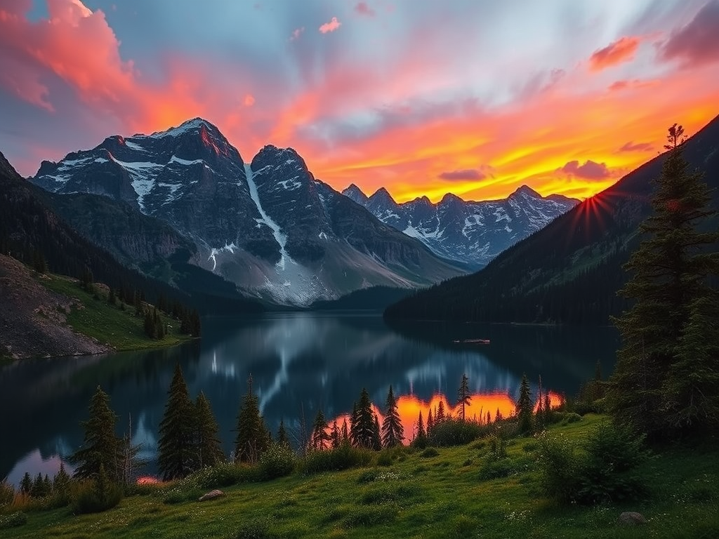 Create an image of a tranquil mountain landscape during sunset with vibrant colors reflecting off a serene lake in the foreground, using a Canon EOS R5, f/11 aperture, 1/125 sec shutter speed, ISO 200, wide-angle lens at 16mm, capturing a high dynamic range with a focus on both foreground and background details.