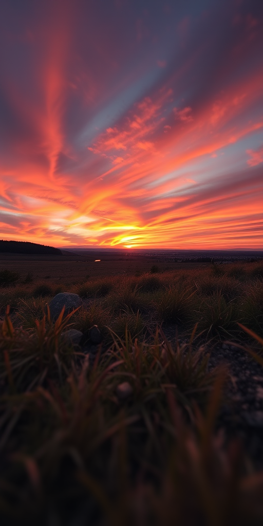 Generate an image of a serene landscape at sunset with vibrant colors in the sky, captured using a DSLR camera at f/8 aperture, 1/125 sec shutter speed, ISO 200, with a wide-angle lens (24mm), from a low-angle perspective to enhance foreground details.