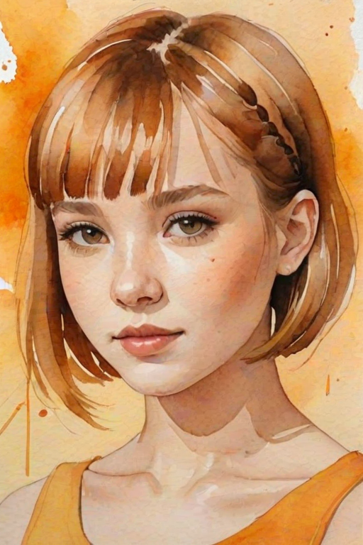 create a watercolor portrait of a girl with a bob haircut and side braids, featuring warm colors like yellow, orange, and light brown, with a soft abstract background.