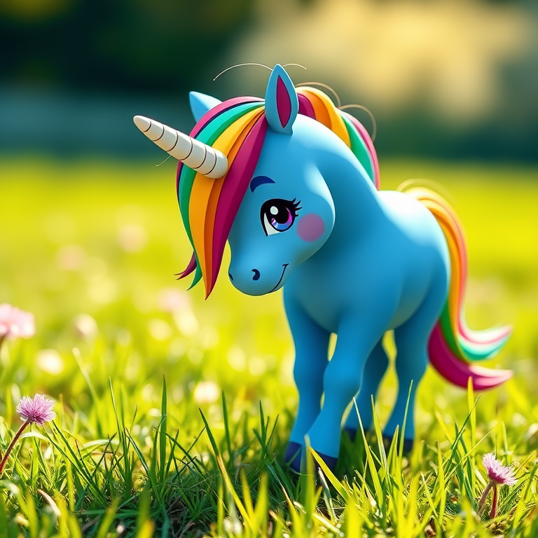 Generate a whimsical cartoon unicorn with a blue body and a rainbow mane grazing on vibrant grass, shot in bright daylight using a DSLR camera with a 50mm lens, f/2.8 aperture, ISO 100, and a shallow depth of field for enhanced clarity and vivid colors.