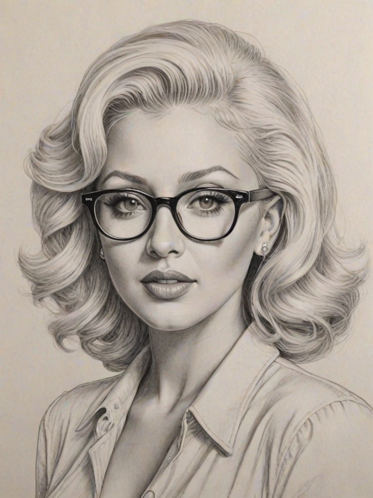 Radiant Christina Aguilera, pencil sketch, portrait of Exquisite woman 1940s in glasses, hair style beatnik, outline, clear lines, fine lines, 8k