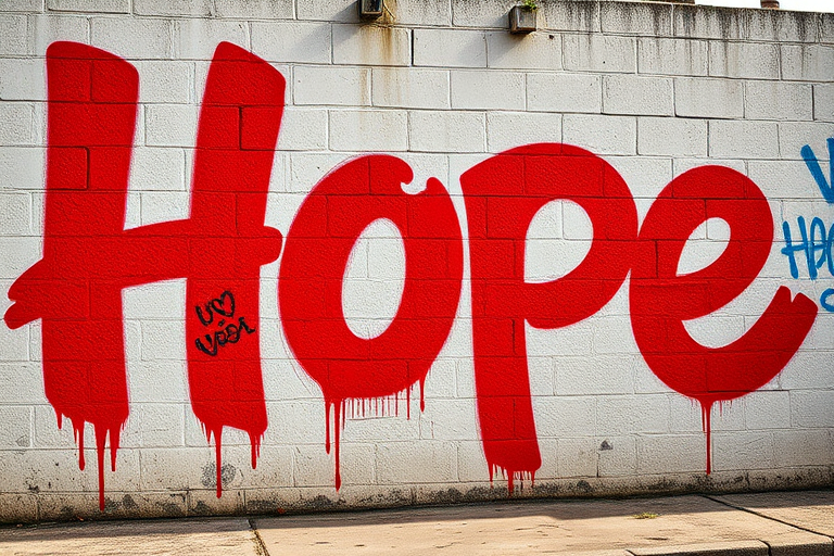 Create a vibrant graffiti wall art featuring the word "Hope" in large red letters, with a spray paint texture, shot with a Canon EOS 5D Mark IV, f/2.8 aperture, ISO 100, 50mm lens, in natural light for enhanced clarity and color contrast.