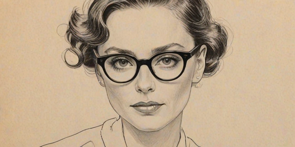 Fascinating Stella McCartney, pencil sketch, portrait of Fetching woman 1929s in glasses, hair style beatnik, outline, clear lines, fine lines, 8k