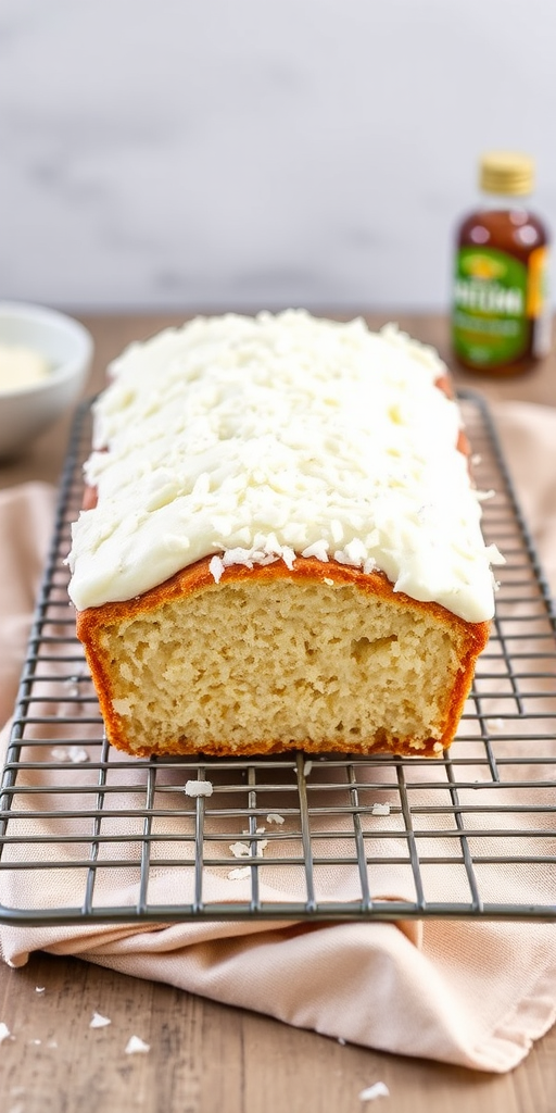 A beautifully decorated coconut loaf cake with a fluffy white frosting topped with shredded coconut on a wire rack with a light beige cloth and a small bottle of flavoring in the background.