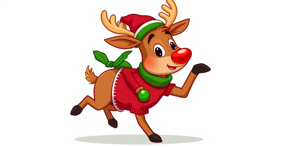 Create a colorful illustration of a cartoon reindeer wearing a red sweater and green accessories, in a playful pose, with a bright background, using a digital art style, 300 DPI resolution, with a focus on vibrant colors and clean lines.