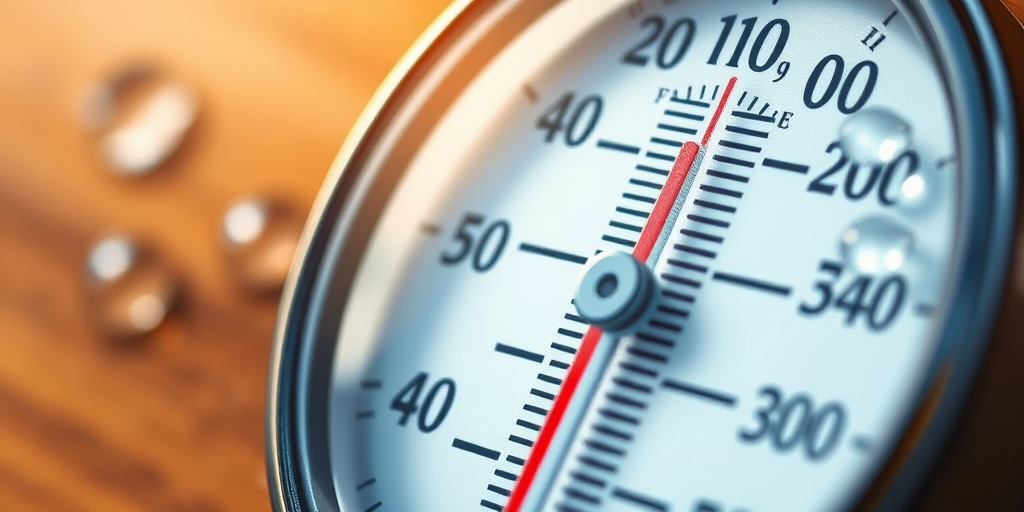 Create a detailed illustration of a thermometer with a clear scale indicating temperature, display a few droplets of water nearby to suggest humidity, use macro photography style, aperture f/2.8, shutter speed 1/125s, ISO 100, in bright natural light.