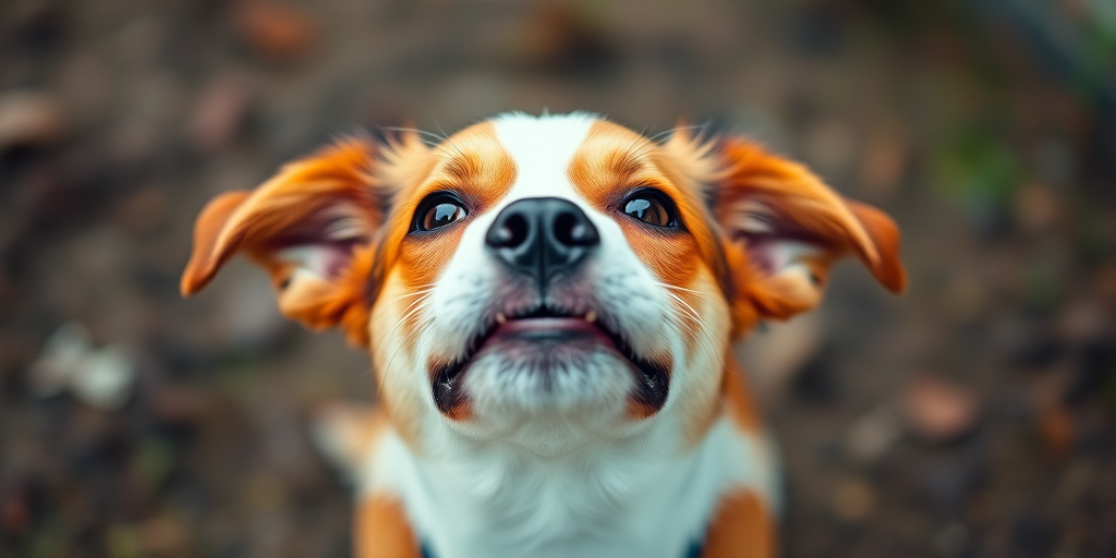 Create a high-resolution image of a playful dog looking upwards with a whimsical expression, using a Canon EOS 5D Mark IV, 50mm lens, aperture f/2.8, ISO 100, natural lighting, centered composition, focus on the dog's face.