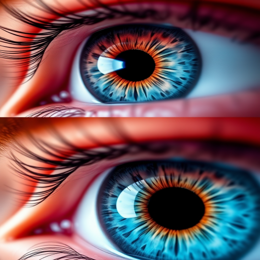 Create a high-resolution digital illustration of three vibrant, detailed human eyes in blue, pink, and red colors, with intricate iris patterns, using a macro lens perspective and a DSLR camera setting of f/2.8 aperture, ISO 100, and shutter speed of 1/200s for enhanced clarity and depth.
