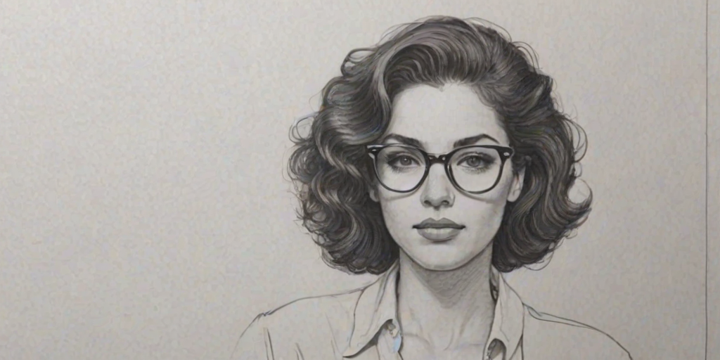 Superb Brittany O'Grady, pencil sketch, portrait of Pleasing woman 1978s in glasses, hair style beatnik, outline, clear lines, fine lines, 8k