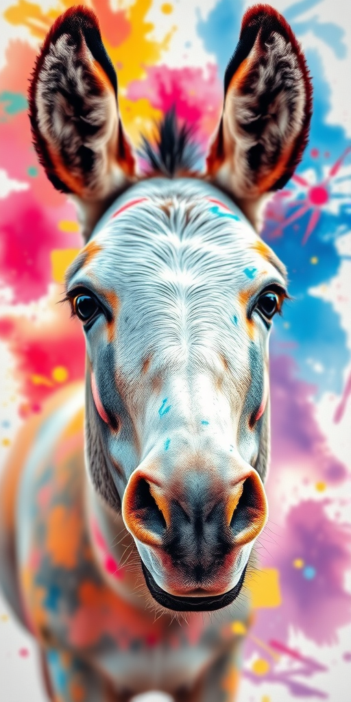 Create a high-resolution watercolor painting of a donkey with vibrant splashes of color in the background, using a Canon EOS R5 with a 50mm f/1.2 lens at ISO 100, aperture f/2.8, and a soft-focus style for a dreamy effect.