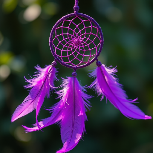 Create a high-resolution image of a purple dreamcatcher with intricate details, featuring three flowing feathers in shades of purple and pink, shot with a Canon EOS R5, with a 50mm lens, f/1.8 aperture, ISO 100, using soft natural lighting for enhanced color vibrancy and sharpness.