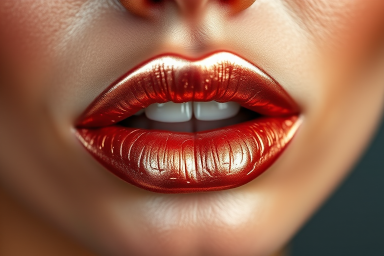 Shimmering rose gold lips glisten with metallic sheen, reflecting light in a mesmerizing display of luxury and sophistication, perfect for glamorous close-up shots