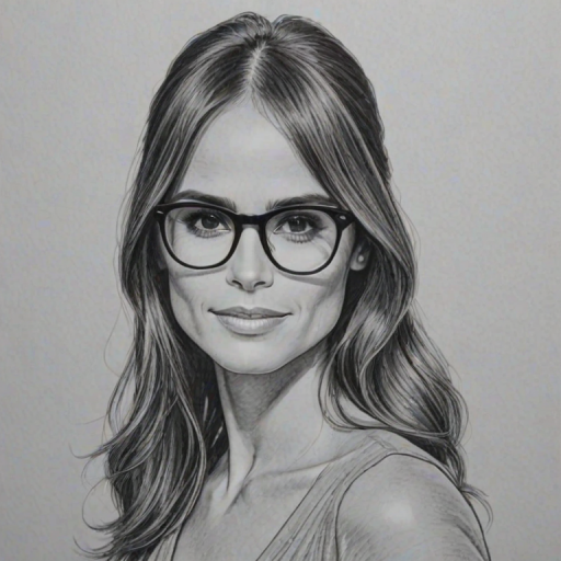Ravishing Jordana Brewster, pencil sketch, portrait of Dazzling woman 1977s in glasses, hair style beatnik, outline, clear lines, fine lines, 8k