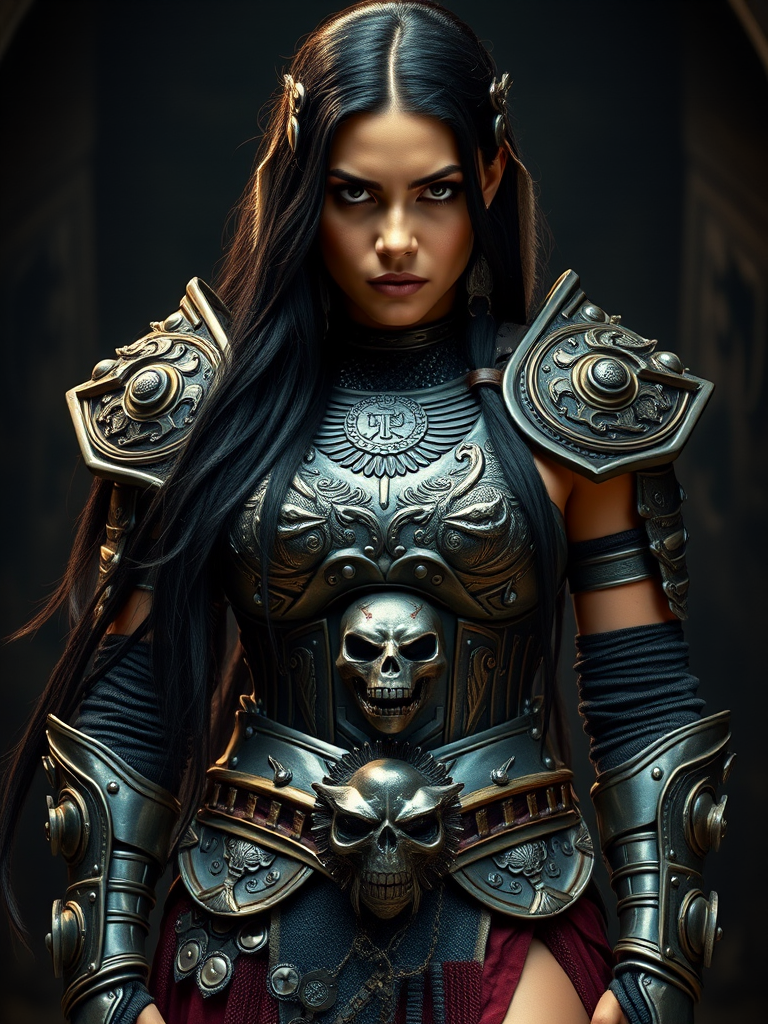 Create a photo of a fierce First Nations female warrior with long black hair, wearing an ornate, metallic armor. The armor includes a breastplate with intricate designs, shoulder guards, and gauntlets. The breastplate is decorated with a central emblem, possibly representing a mythical symbol, and has a sculpted, form-fitting design. She wears a belt with a large skull ornament at the center, and her armor extends into a partial skirt, revealing one leg. The overall look is both protective and stylish, with a dark, gothic aesthetic. The background is dimly lit, suggesting a medieval or fantasy setting, enhancing the warrior's imposing presence and intense expression.