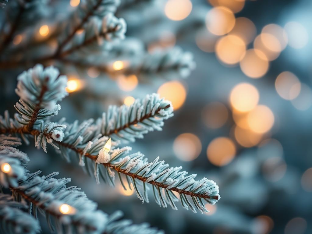 Create a serene winter scene featuring a close-up of soft, frosted evergreen branches adorned with delicate, twinkling lights. The background should be a dreamy blur of soft, glowing bokeh in cool tones, evoking a peaceful holiday atmosphere.