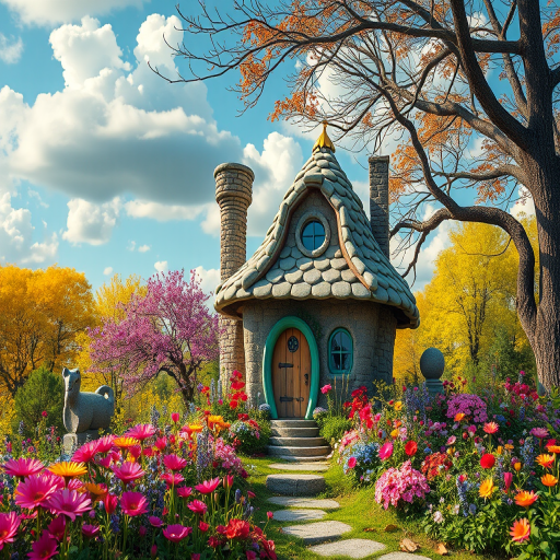 Generate a whimsical fairy tale cottage in a vibrant enchanted forest with colorful flowers and surreal floating clouds, captured with a DSLR camera at f/2.8, ISO 100, 35mm lens, wide-angle view, using soft lighting to enhance details and textures.