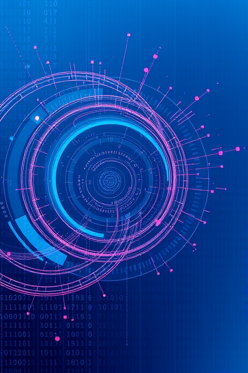 Create a high-resolution abstract digital art image featuring swirling binary code and geometric patterns on a gradient blue background, captured with a DSLR camera at f/8 aperture, ISO 100, 1/60 sec shutter speed, wide-angle lens.
