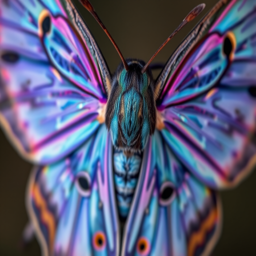 Ultra-detailed close-up of a vibrant moth with iridescent blue and purple wings, macro lens, ISO 100, aperture f/2.8, shutter speed 1/500 sec, top-down view, high-resolution digital photography.