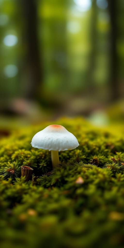 Capture a close-up of a single white mushroom on a mossy surface with a blurred forest background, using a macro lens, f/2.8 aperture, ISO 200, shutter speed 1/100 sec, and natural light for enhanced detail and bokeh effect.