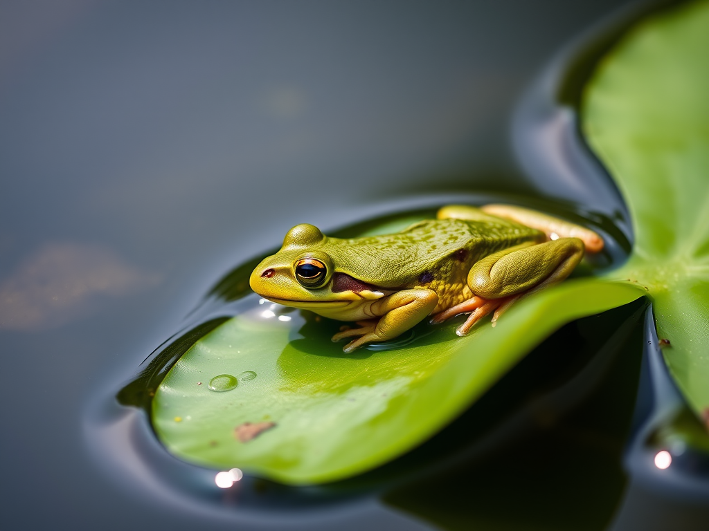 close-up of a green frog resting on a lily pad in a calm pond, macro lens, f/2.8 aperture, 1/200 sec shutter speed, ISO 100, natural lighting, taken with a DSLR camera, shallow depth of field