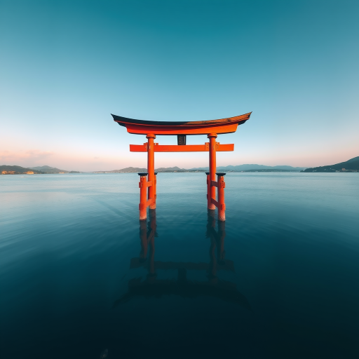 generate an image of a torii gate over water during a clear day, use a Canon EOS R5 camera with a 50mm lens, aperture f/8, ISO 100, shutter speed 1/200s, focus on sharpness and vibrant colors, high dynamic range style, wide angle view