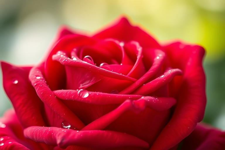 a close-up of a red rose with water droplets on its petals, soft focus background, natural lighting, aperture f/2.8, shutter speed 1/100 sec, ISO 100, macro photography, DSLR camera