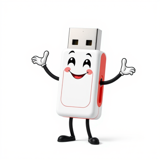 Create a high-resolution cartoon character of a USB flash drive with arms and legs, smiling and in a playful pose, with a white background, using a Canon EOS 5D Mark IV camera at f/2.8, ISO 100, 1/200s, shot in portrait orientation for enhanced clarity and vibrancy.