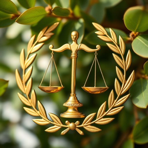 Generate a high-resolution image of a gold justice scales emblem surrounded by laurel leaves, using a DSLR camera with a 50mm lens, f/1.8 aperture, ISO 100, and natural lighting from a side view to enhance details and contrast.