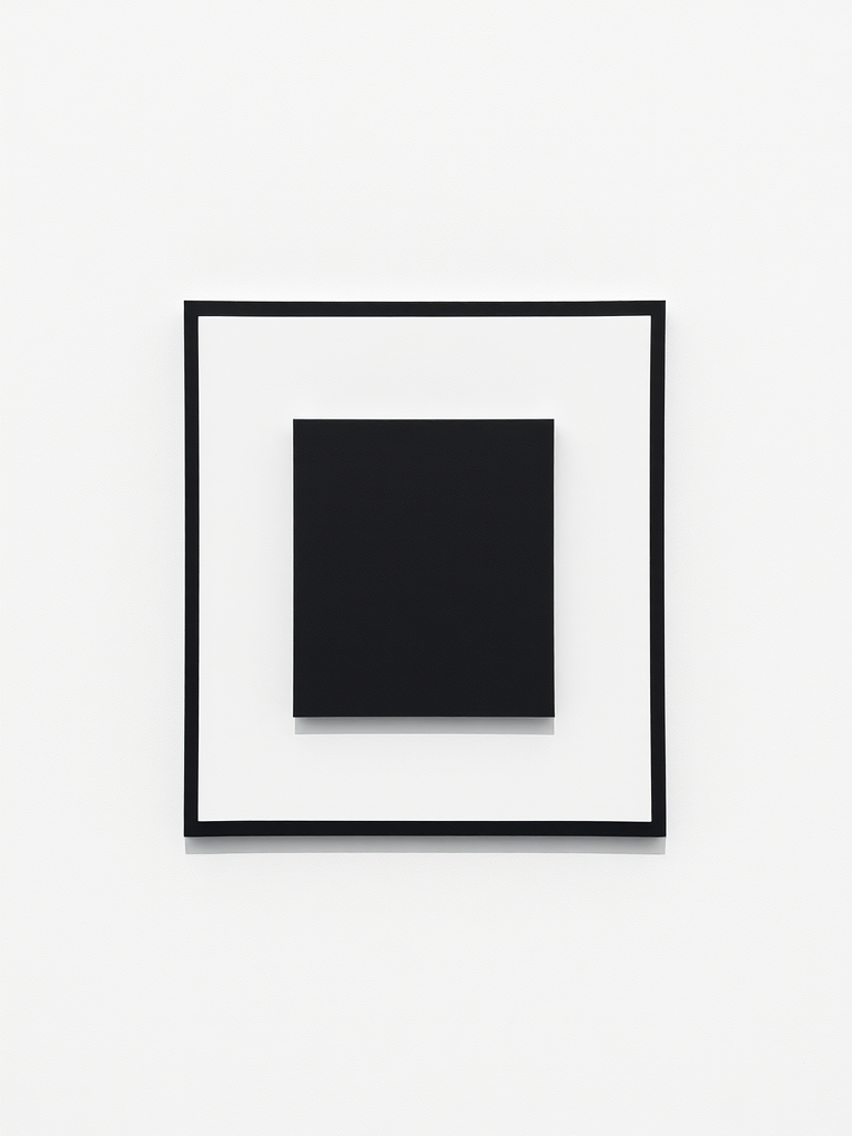 Generate a high-resolution image of a simple geometric black square on a white background, shot with a Canon EOS R5 camera, using a 50mm lens, aperture set to f/8, ISO 200, and a focal length of 50mm for sharp detail, captured from a straight-on view in natural light to enhance clarity and contrast.