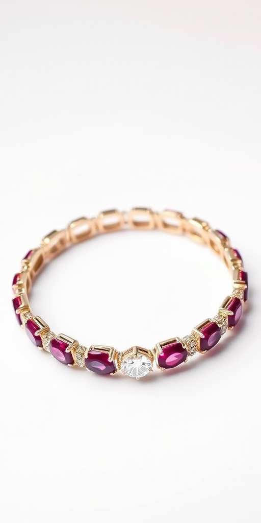 Capture a high-resolution image of a diamond and ruby bracelet on a white background, using a DSLR camera with a 50mm lens, aperture at f/2.8, ISO 100, and a shutter speed of 1/125s, in a well-lit studio setup with softbox lighting for even illumination.