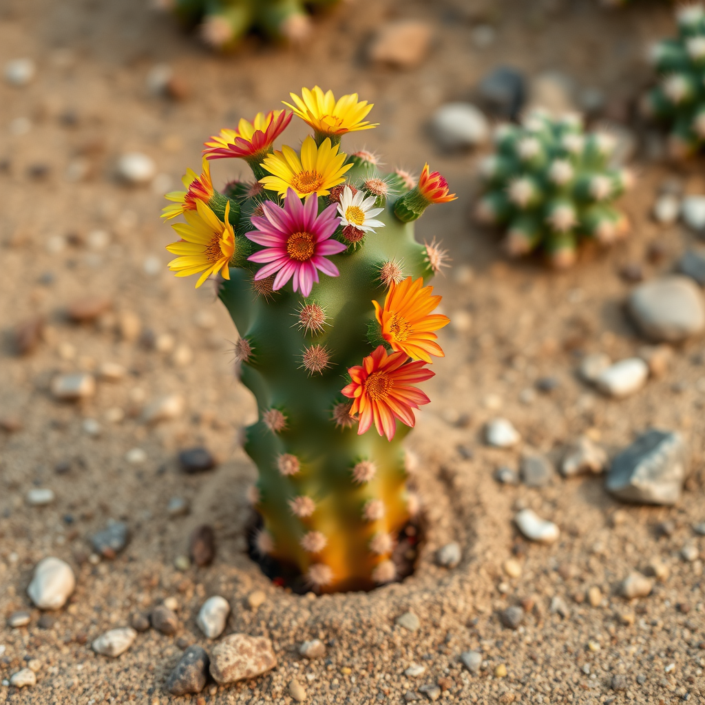 A vibrant cactus adorned with colorful flowers standing on sandy ground with scattered rocks, shot with a Canon EOS R5 at f/2.8, ISO 100, 35mm lens, in macro mode for enhanced detail and clarity.