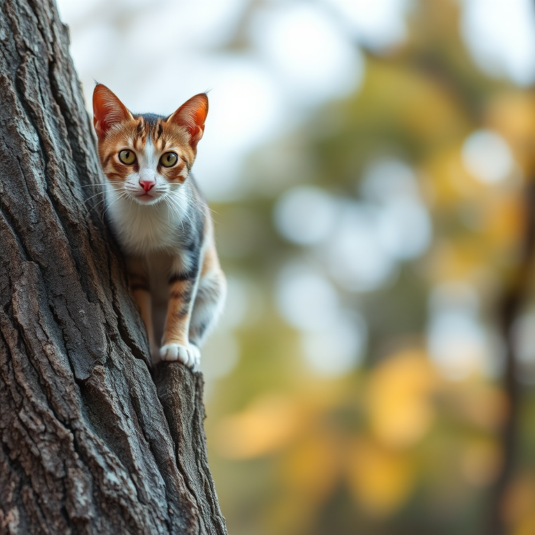 Regenerate the image of a cat perched on a tree trunk, with a shallow depth of field, using a DSLR camera with a 50mm lens, aperture set to f/1.8, ISO 200, and a 1/250s shutter speed for enhanced clarity and focus.