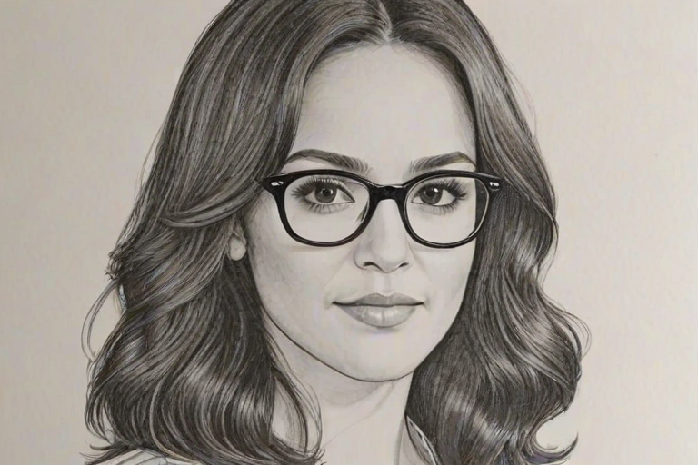 Exquisite Melissa Fumero, pencil sketch, portrait of Bewitching woman 1973s in glasses, hair style beatnik, outline, clear lines, fine lines, 8k