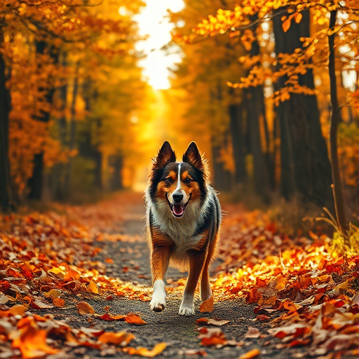 A collie running through an autumn forest path covered in orange and yellow leaves, soft sunlight filtering through the trees, shot with a DSLR camera at f/2.8, ISO 200, shutter speed 1/500s, wide-angle lens, golden hour lighting.