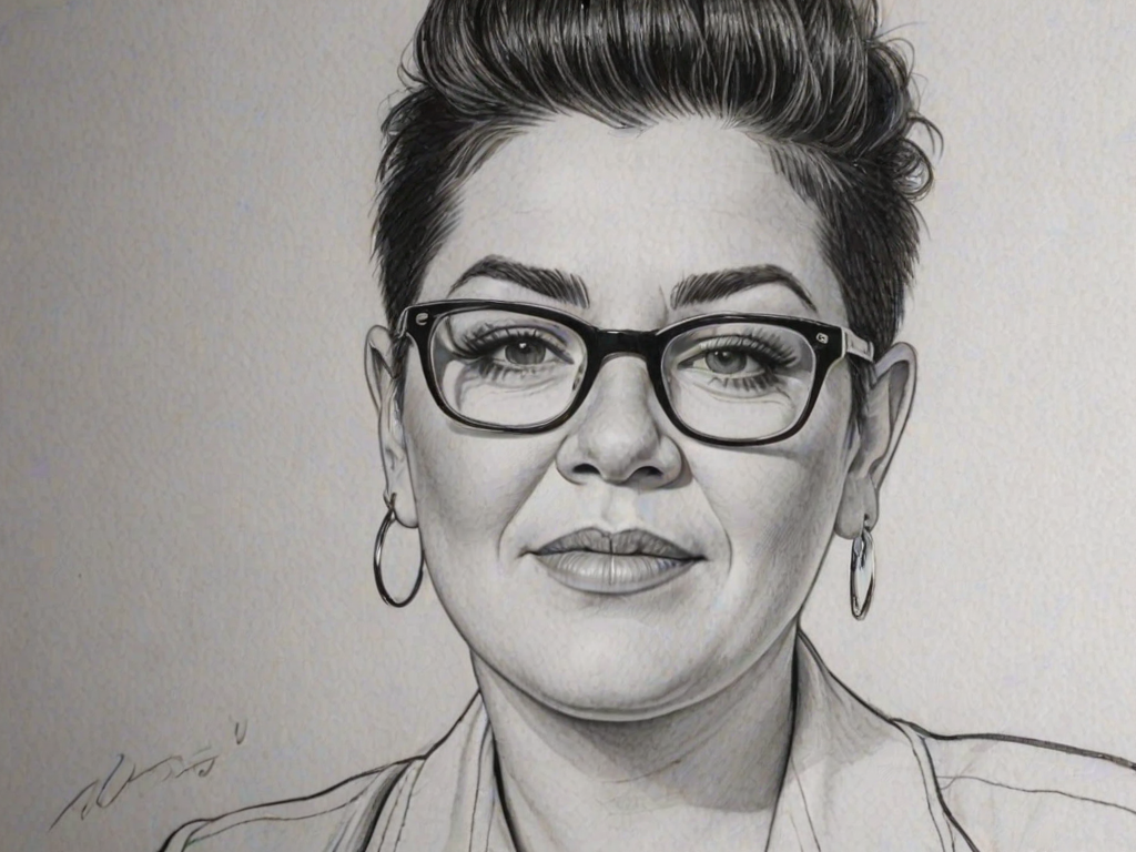 Beauteous Lea DeLaria, pencil sketch, portrait of Pleasing woman 1954s in glasses, hair style beatnik, outline, clear lines, fine lines, 8k