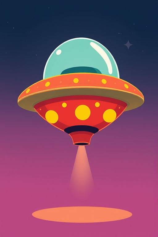 Create a vibrant illustration of a classic cartoon UFO with a red body and yellow polka dots, featuring a transparent dome on top, using a digital drawing style, high-resolution settings, wide-angle view, and soft lighting.