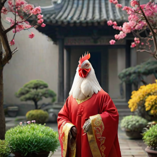 animanflux,This is a surrealistic realistic photography,in traditional Chinese attire, Tang dynasty, An anthropomorphic chicken is crowing proudly in the early morning courtyard. The courtyard is filled with a variety of flowers and plants, and dewdrops glisten crystalline on the petals. Its eyes were bright and proud, with a hint of triumph on its face, as if announcing the start of a new day. Dressed in a red robe embroidered with golden feathers and sunrise designs, it looked gorgeous and proud, the hem of the robe swinging gently as it crowed, as if echoing the morning light. In the courtyard, the flowers and plants are fragrant, and its robe swings gently with the wind, filling the whole scene with life and vigor