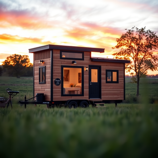 Generate an image of a modern tiny house on wheels in a serene outdoor setting during sunset with vibrant colors, using a DSLR camera with a 35mm lens, aperture f/2.8, ISO 100, and a shallow depth of field to enhance the foreground details, capturing the house from a slightly elevated angle to emphasize the landscape.