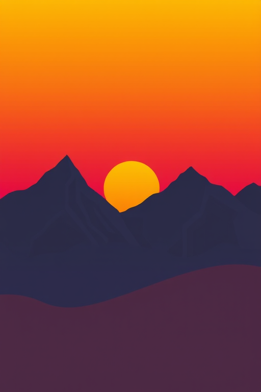 Design a minimalist digital landscape featuring stylized mountains with sharp peaks under a vibrant sunset sky of orange, pink, and yellow, include a bright sun in the background, ensure smooth vector lines and bold colors, use a 50mm lens, aperture f/8, ISO 100, shot from a low angle for depth.