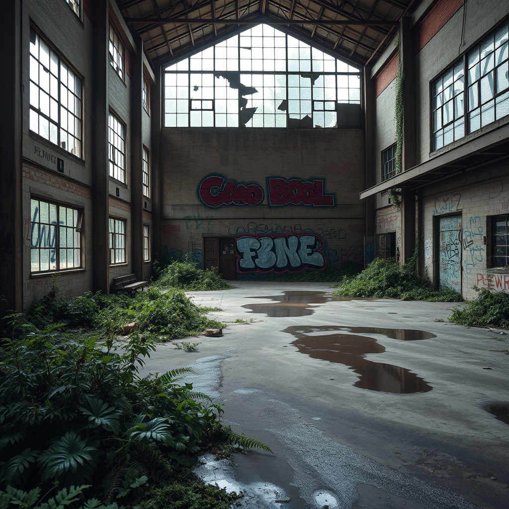 abandoned warehouse interior with broken windows and graffiti, overgrown plants, puddles on the floor, high detail, 35mm lens, f/8 aperture, ISO 100, natural lighting, wide-angle view, DSLR camera, realistic textures