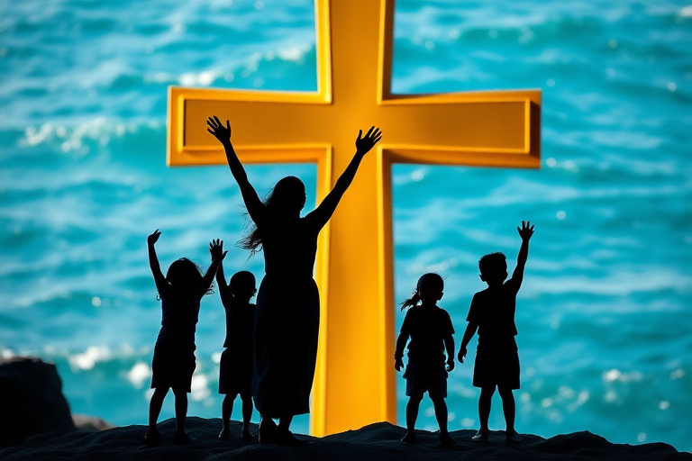 Create an image of silhouettes of a woman and several children celebrating in front of a large golden cross, with vibrant blue waves in the background, captured in a high-resolution style, using a DSLR camera at f/8 aperture, ISO 200, 50mm lens, with a shallow depth of field to enhance the colors and details.