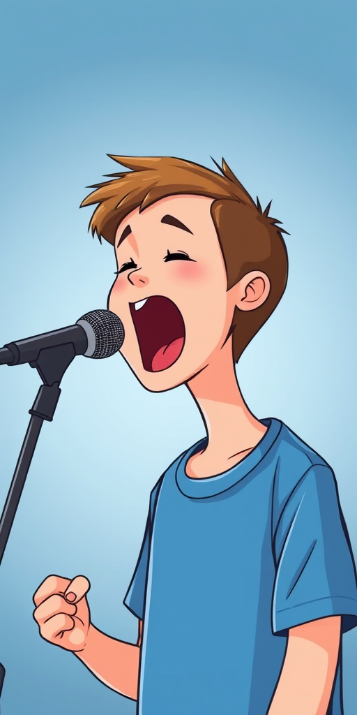 Create an illustration of a boy with a blue shirt yelling into a microphone, featuring a clean gradient background, captured with a DSLR camera at f/2.8, ISO 100, and a 50mm lens, in portrait orientation.