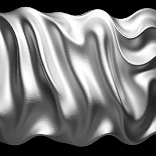 Create a high-resolution image of an abstract wave pattern with silver metallic stripes, captured using a DSLR camera at f/2.8, ISO 100, 50mm lens, in a soft focus style against a solid black background.